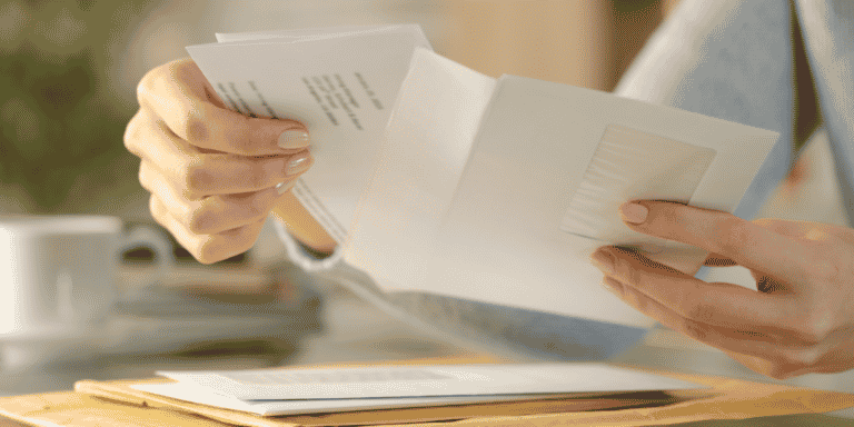 mulher embalando uma carta de cobrança