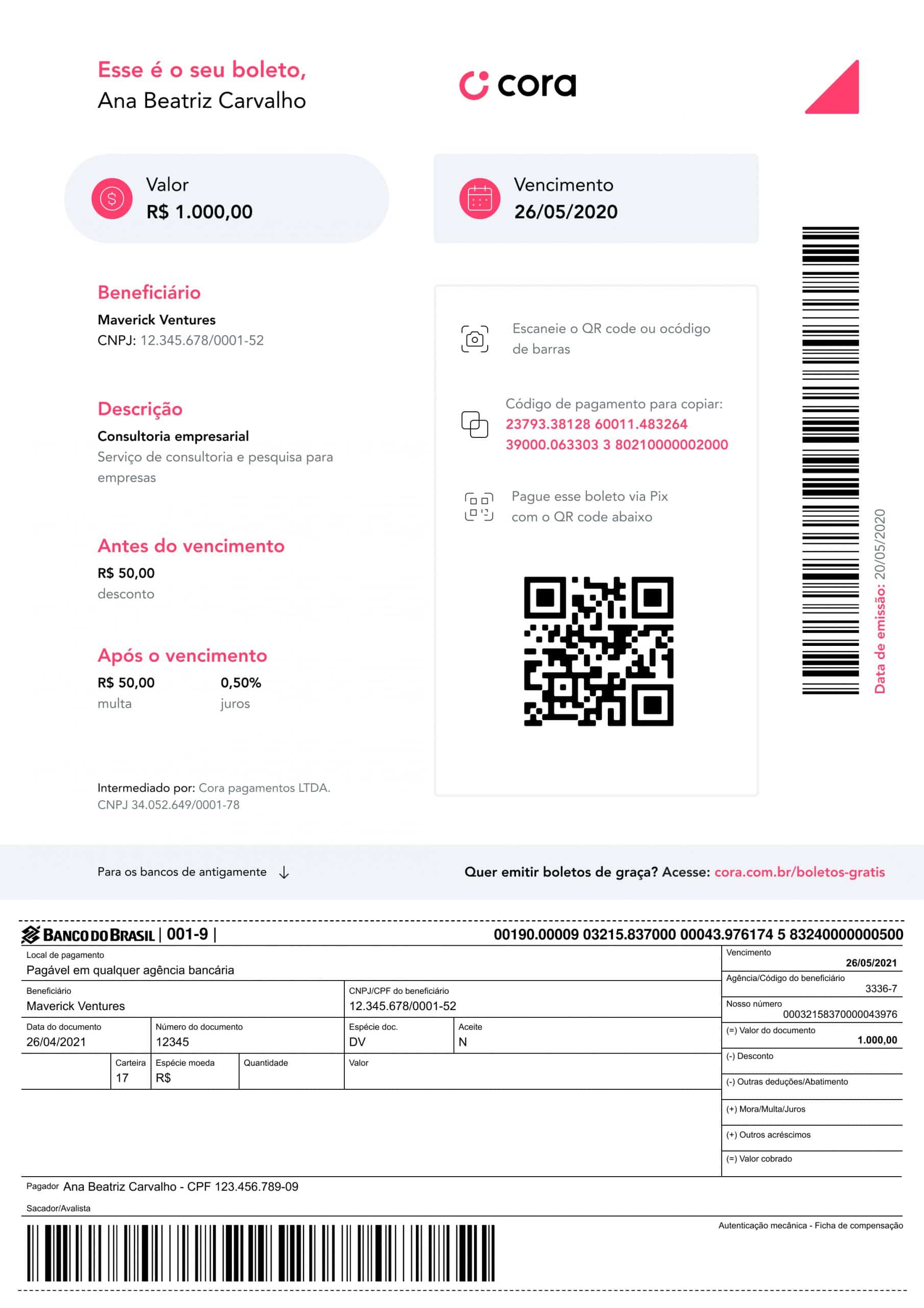 boleto com qr code cora