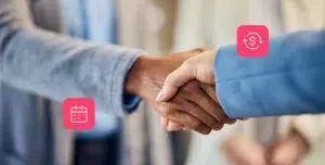 Fotomontagem de mãos de pessoas que estão se cumprimentando, com ícones de agenda e finanças ao redor, para ilustrar artigo sobre factoring.