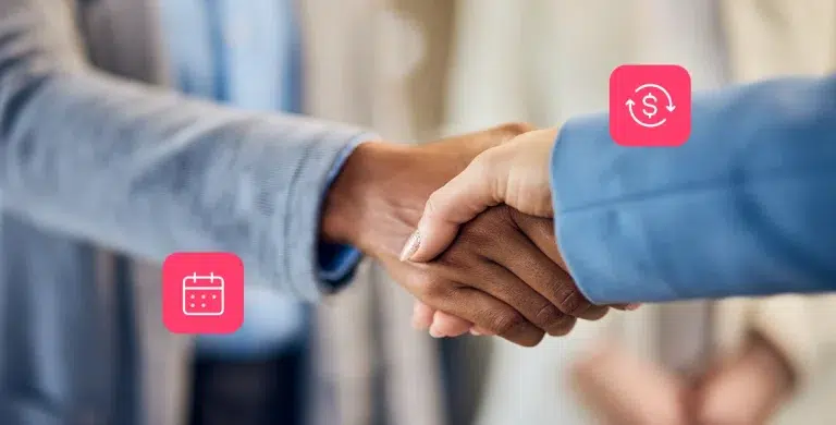 Fotomontagem de mãos de pessoas que estão se cumprimentando, com ícones de agenda e finanças ao redor, para ilustrar artigo sobre factoring.